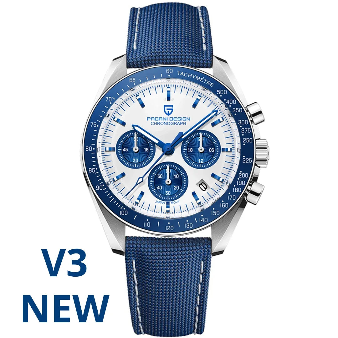 Home Sweet Home PAGANI DESIGN Moonwatch Chronograph Watch with black dial and stainless steel band on a white background.