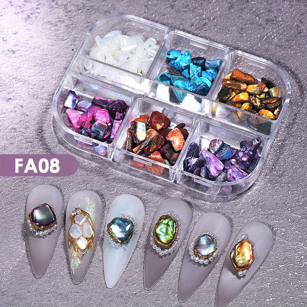 Aurora Abalone shell nail art decoration set with 6-grid pearl gemstone kit, featuring colorful shell and pearl accents for manicures.