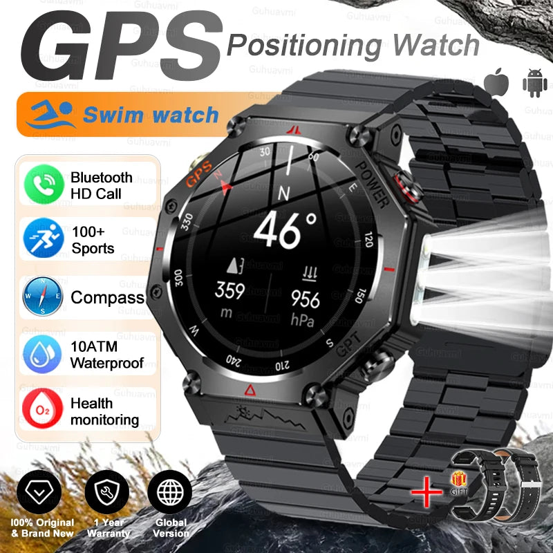 Military Grade GPS Smart Watch – IP69K/10ATM Waterproof AMOLED, 100+ Sports Modes, HD Bluetooth Calls