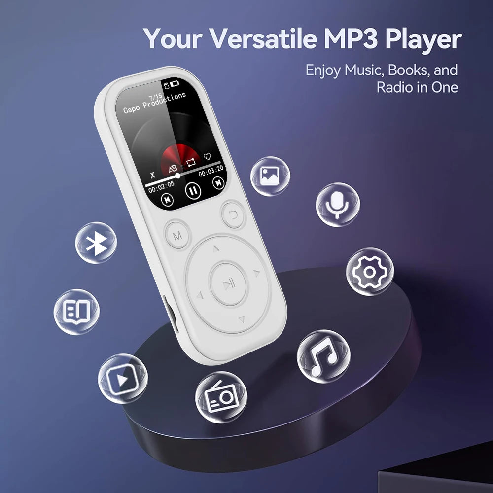 Home Sweet Home slim MP3 player with Bluetooth 5.4, FM radio, eBook reader, and voice recorder.
