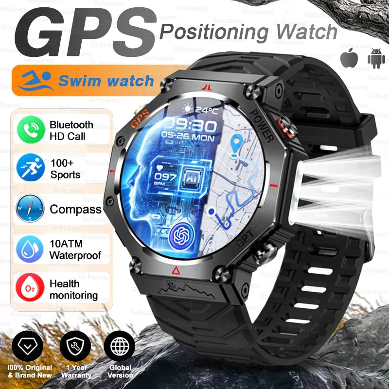 Military Grade GPS Smart Watch – IP69K/10ATM Waterproof AMOLED, 100+ Sports Modes, HD Bluetooth Calls