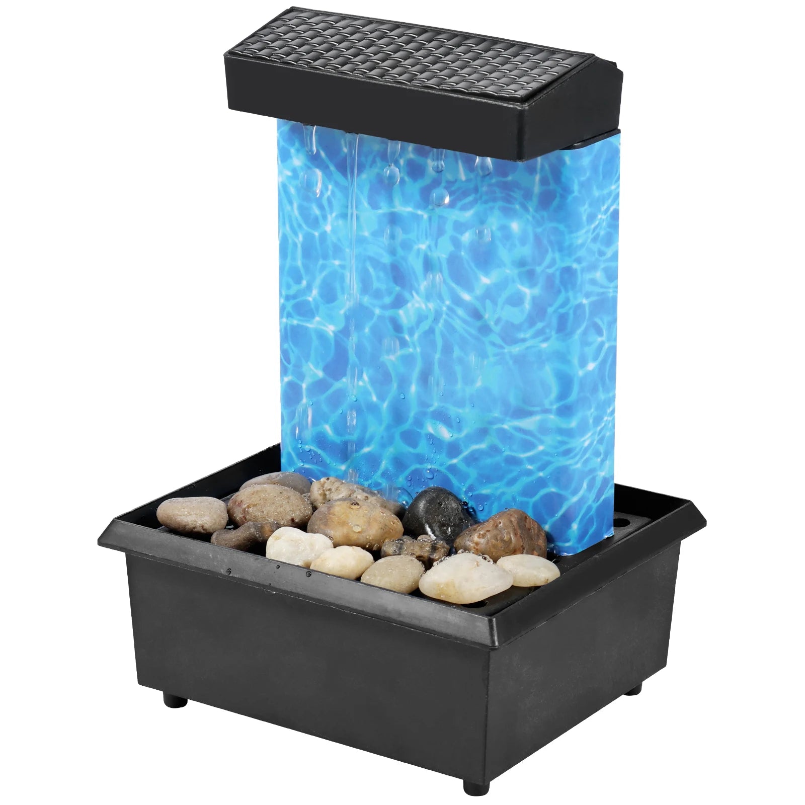 Home Sweet Home tabletop waterfall fountain with soft LED lights, featuring cascading water and a sleek desktop water feature design.