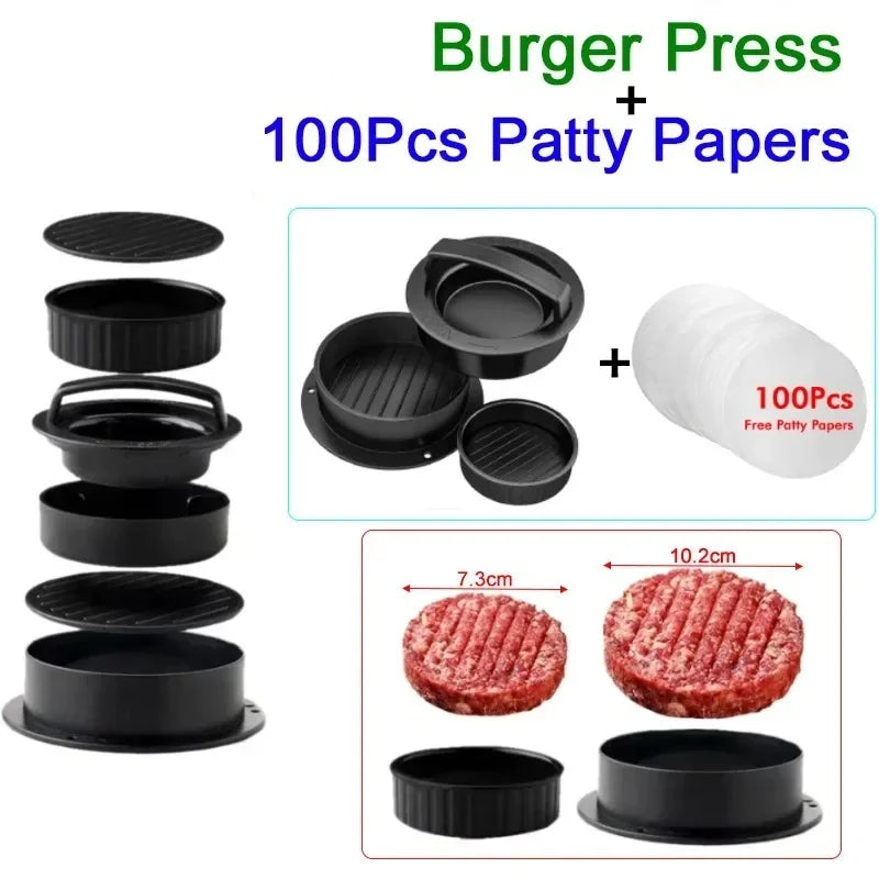 Home Sweet Home burger press and patty maker, showing a shiny metal mold with freshly shaped burger patties ready to cook.
