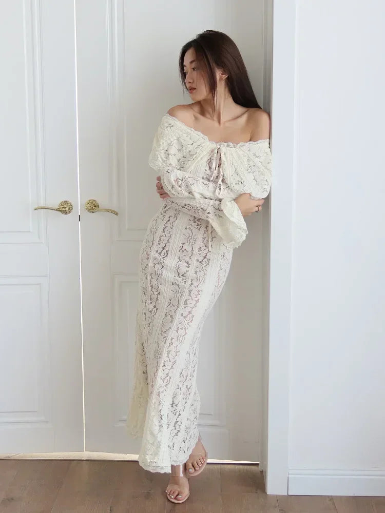 Lace Flare Sleeve Off-Shoulder Maxi Dress – Elegant Mermaid Floor-Length Gown