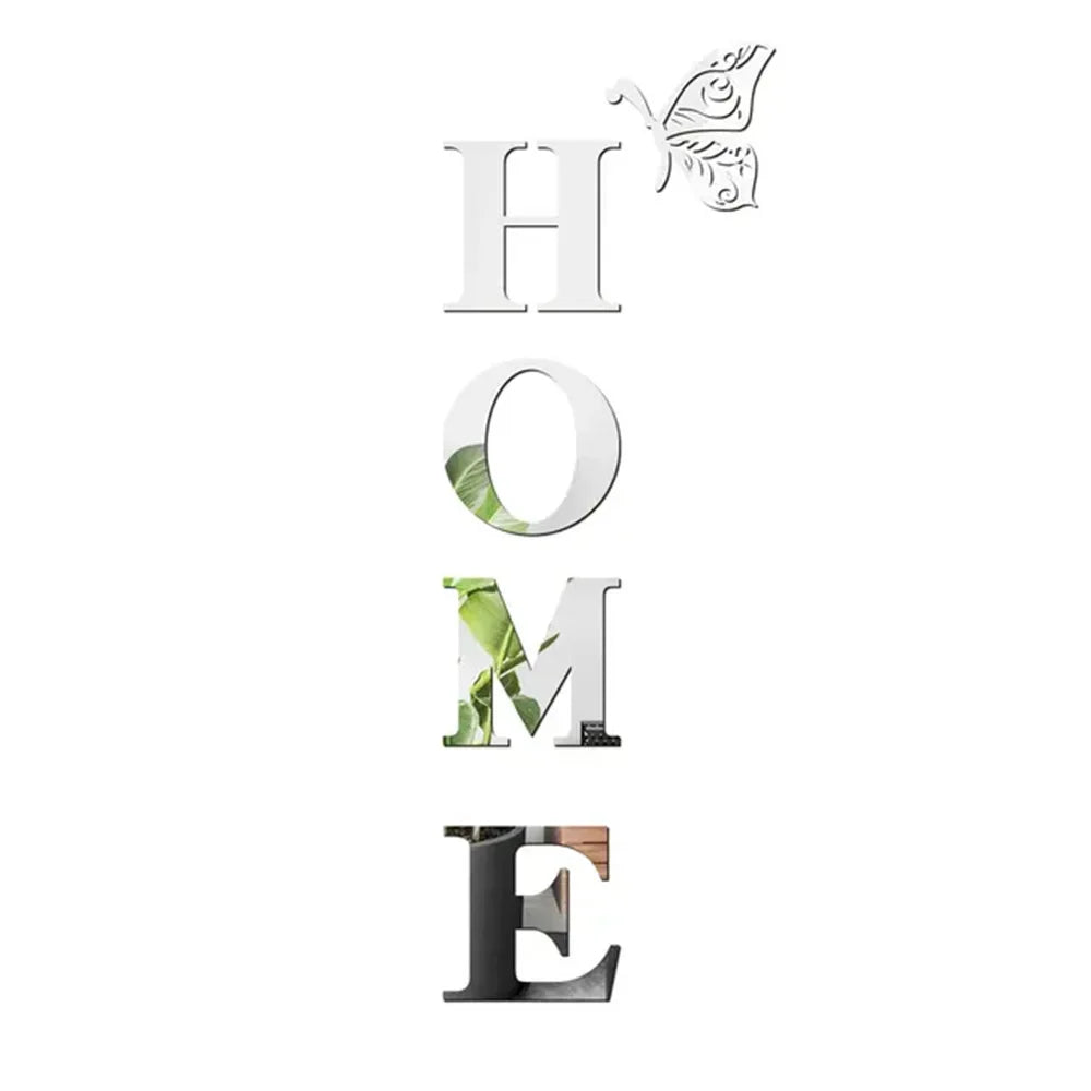 HOME 3D Mirror Wall Sticker – Silver Letter Sign for Entrance & Living Room Decor
