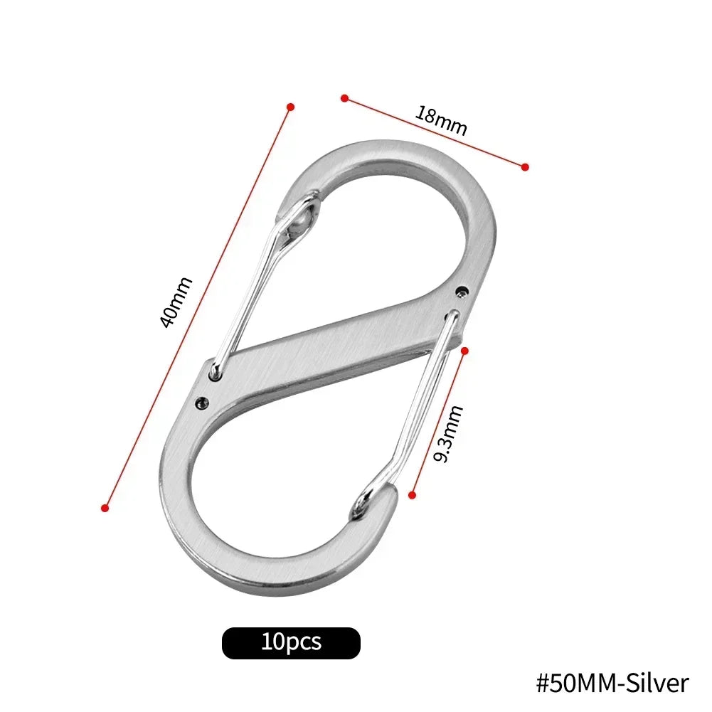 Set of 10 stainless steel S-type carabiner clips from Home Sweet Home, showing durable metal clips with spring gates for versatile use.