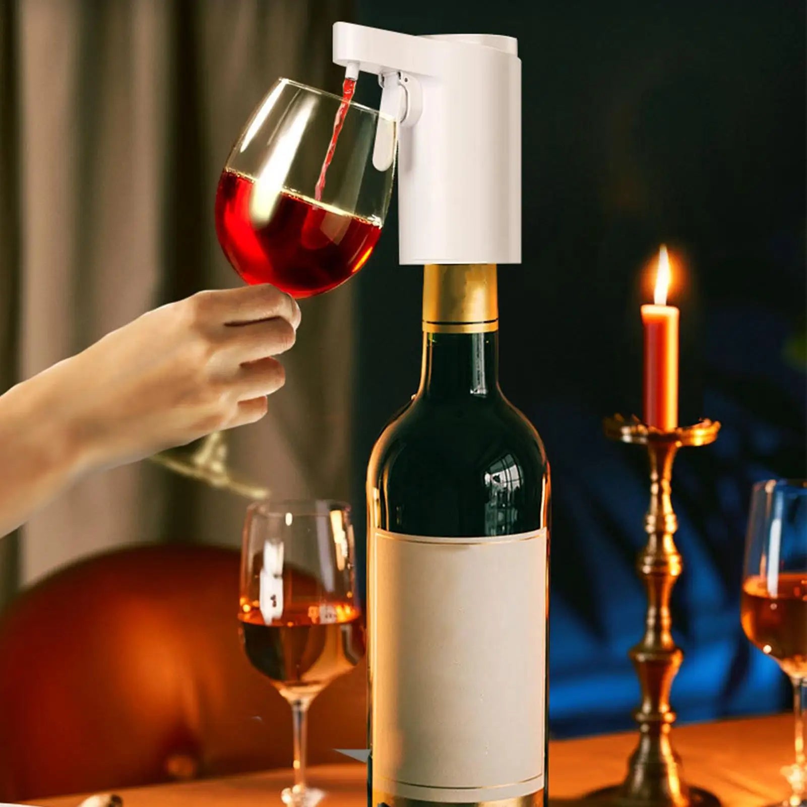 Electric wine aerator and dispenser with touch screen, four pouring modes, from Home Sweet Home, shown with wine pouring into glass