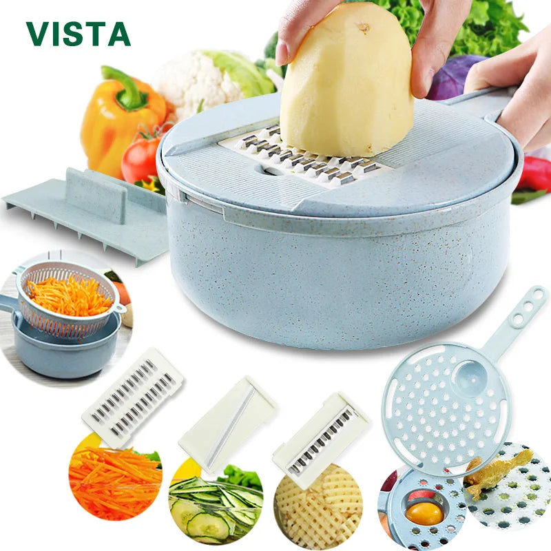 Home Sweet Home multifunctional vegetable chopper with stainless steel blades and colorful plastic base, ideal for quick food prep.