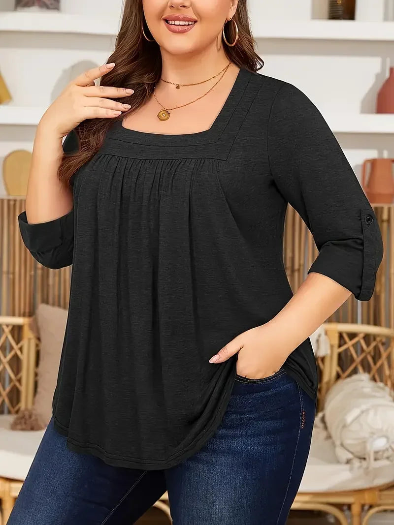 Plus Size Square Neck Button-Detail Blouse Shirt