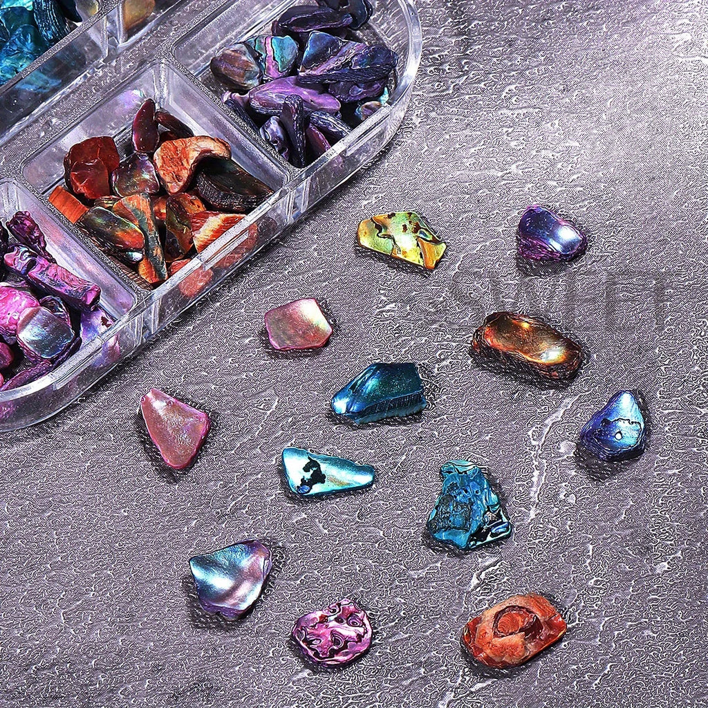 Aurora Abalone Shell Nail Art Decoration Set with 6-grid pearl gemstone kit for crafting elegant nail designs.