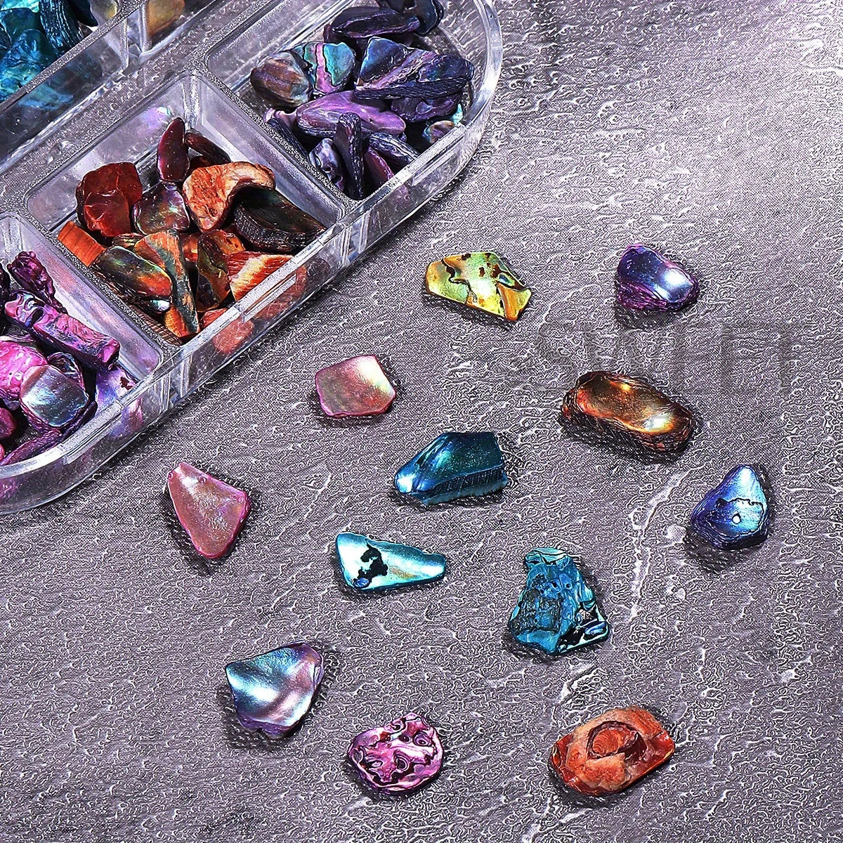 Aurora Abalone Shell Nail Art Decoration Set with 6-grid pearl gemstone kit for crafting elegant nail designs.