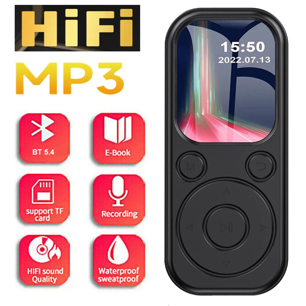 Slim Home Sweet Home MP3 player with Bluetooth 5.4, FM radio, eBook reader, and voice recorder on a black compact device