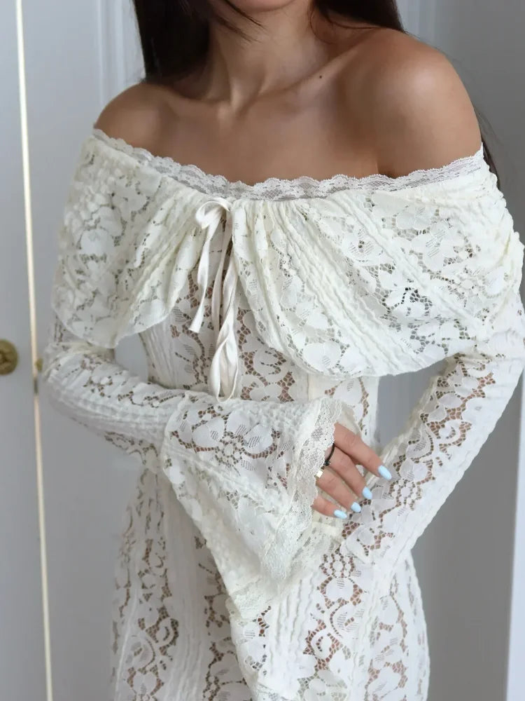 Lace Flare Sleeve Off-Shoulder Maxi Dress – Elegant Mermaid Floor-Length Gown
