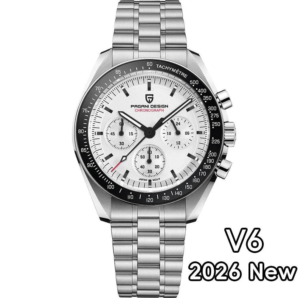 Home Sweet Home PAGANI DESIGN Moonwatch Chronograph Watch with black dial, stainless steel case, and multiple subdials.