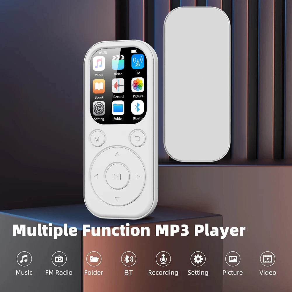 Slim Home Sweet Home MP3 player with Bluetooth 5.4, FM radio, eBook reader, and voice recorder on a black device screen.