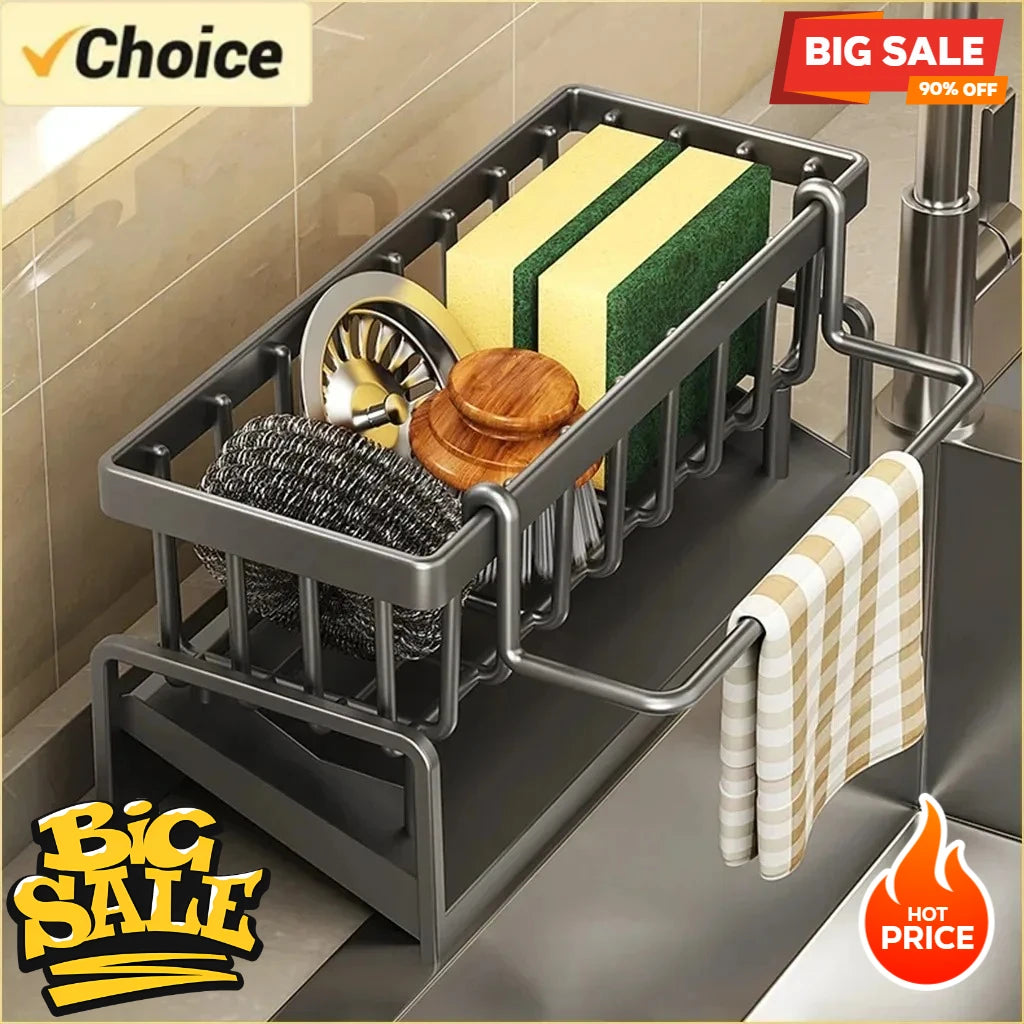 Kitchen Sink Drain Rack & Storage Shelf – No-Drill ABS Organiser with Towel Bar & Drip Tray