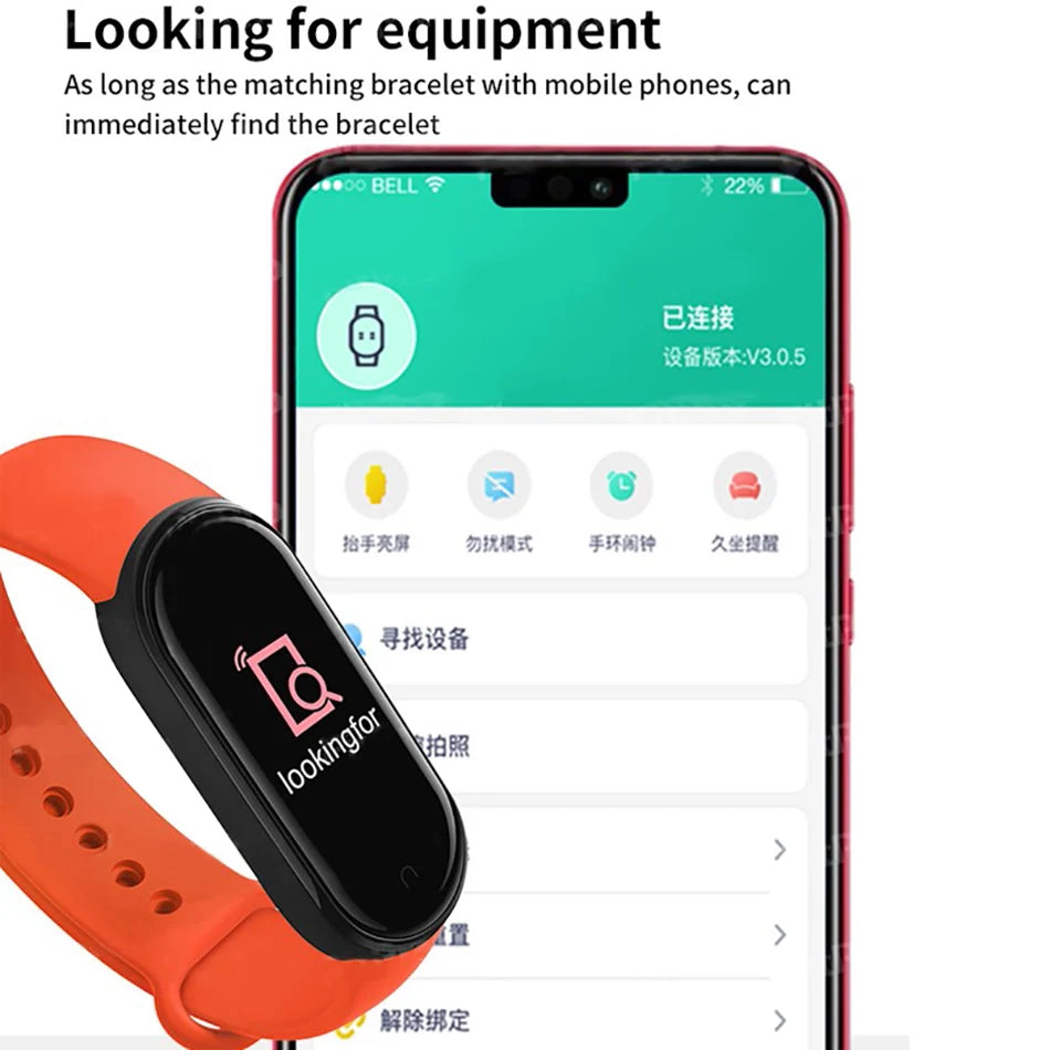 Smart fitness bracelet by Home Sweet Home with a sleek black band and digital display showing activity stats.