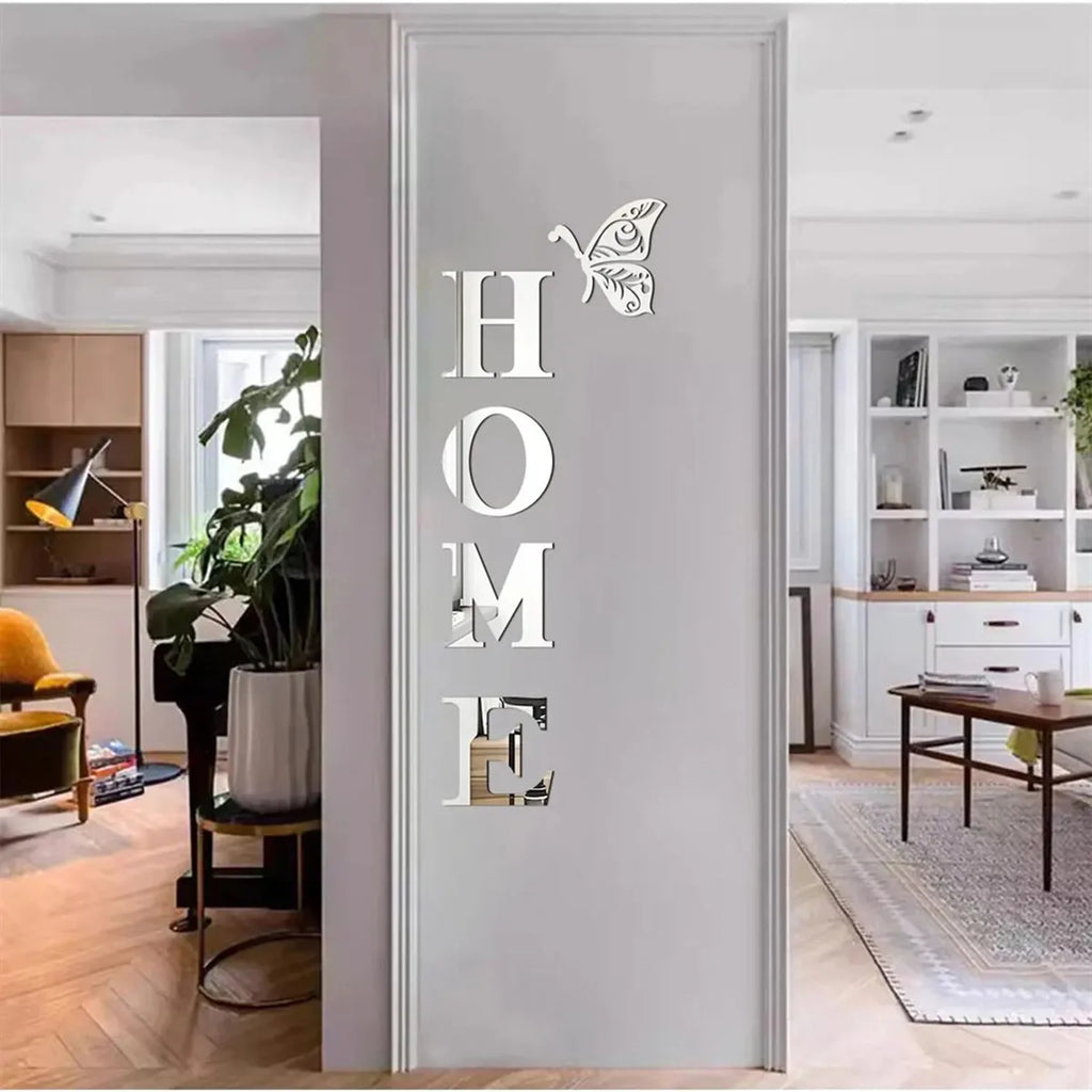 HOME 3D Mirror Wall Sticker – Silver Letter Sign for Entrance & Living Room Decor