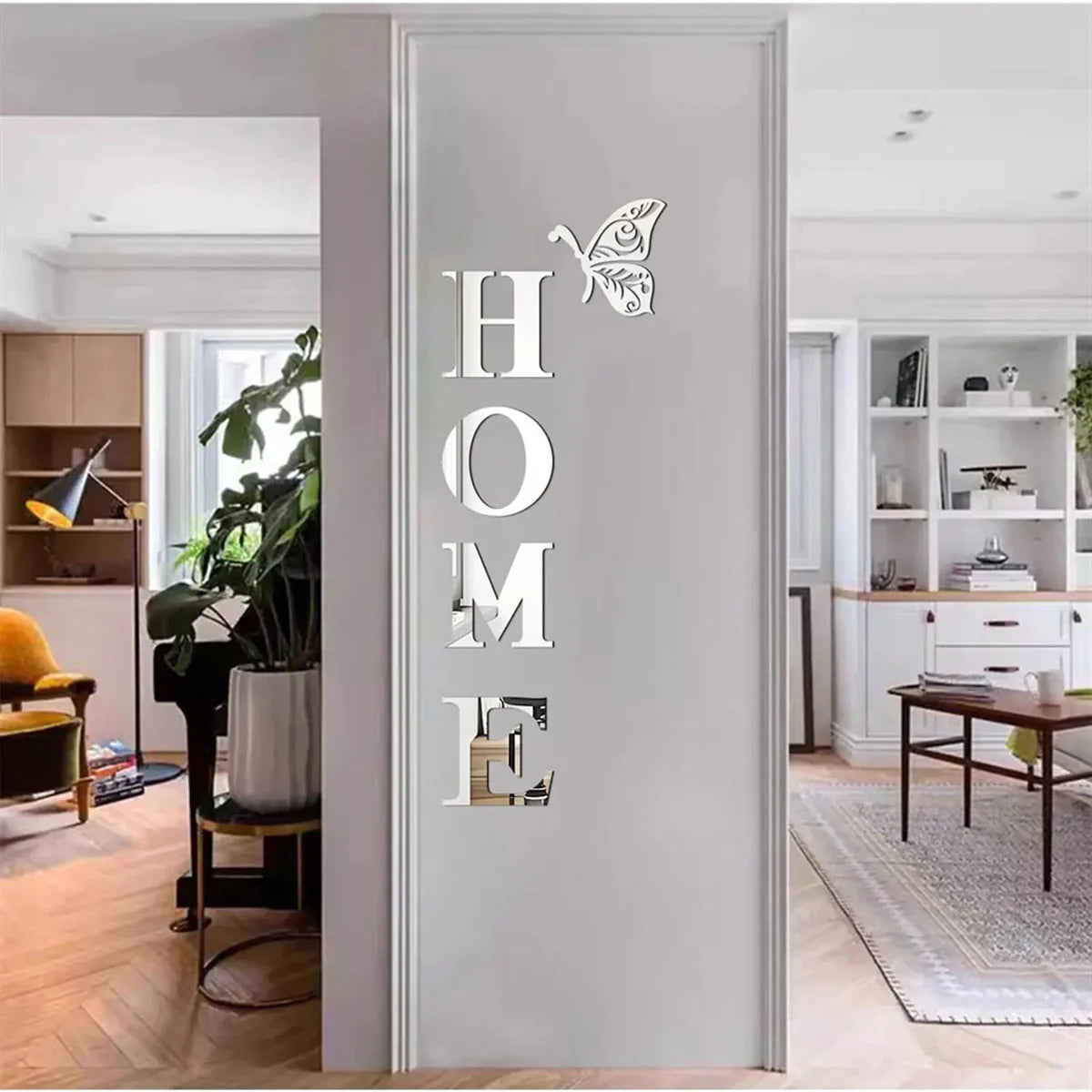 HOME 3D Mirror Wall Sticker – Silver Letter Sign for Entrance & Living Room Decor