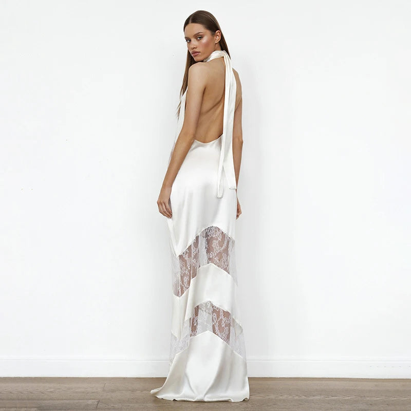 Elegant Lace Halter Maxi Dress – Backless Mermaid Evening Gown