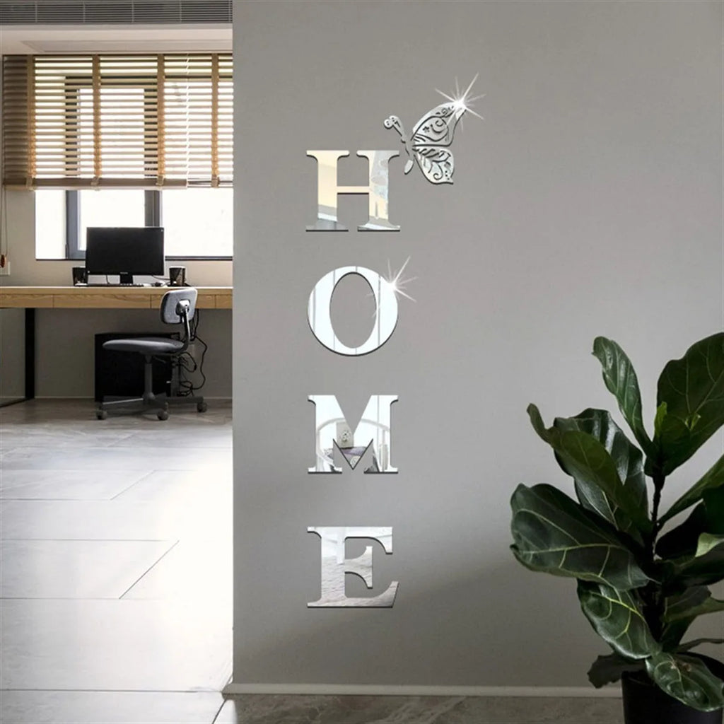 HOME 3D Mirror Wall Sticker – Silver Letter Sign for Entrance & Living Room Decor