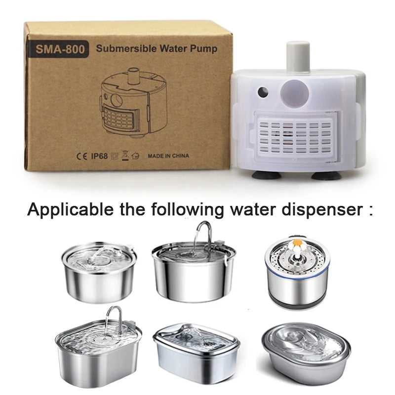 Home Sweet Home cat water fountain replacement pump with silent USB motor and cleaning brush, ensuring fresh water flow for pets.
