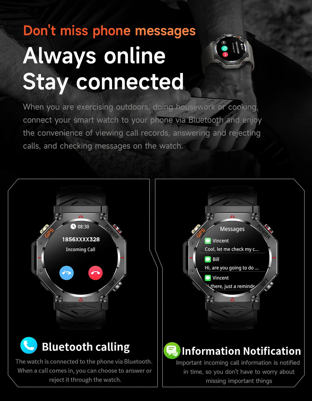 Military Grade GPS Smart Watch – IP69K/10ATM Waterproof AMOLED, 100+ Sports Modes, HD Bluetooth Calls