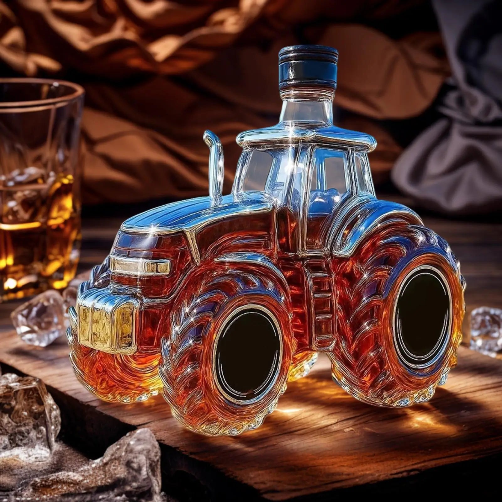 Decorative 300ml glass tractor-shaped whiskey decanter from Home Sweet Home, ideal for liquor storage and display.