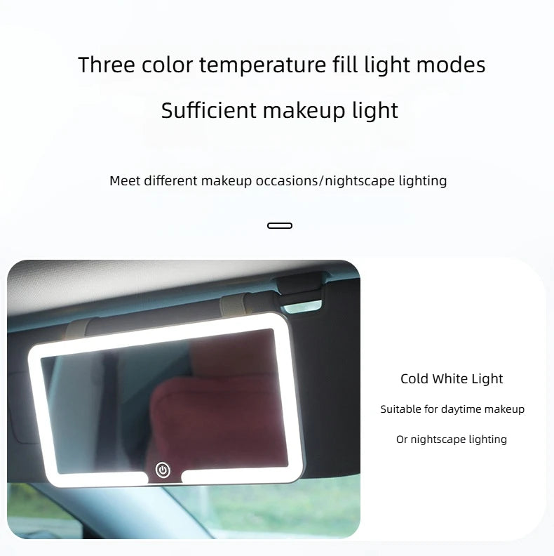 LED rechargeable car sun visor vanity mirror with built-in lighting, compact and easy to install for quick makeup or grooming.