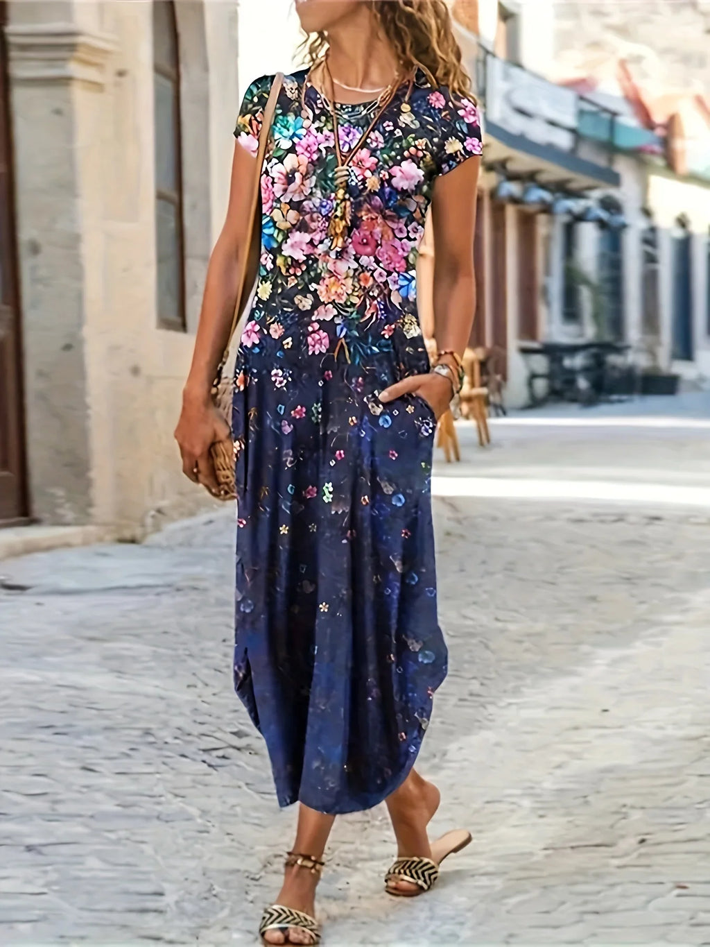 Women’s Printed Pocket Midi Dress — Loose Fit, Short Sleeve, Summer Casual