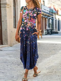 Women’s Printed Pocket Midi Dress — Loose Fit, Short Sleeve, Summer Casual