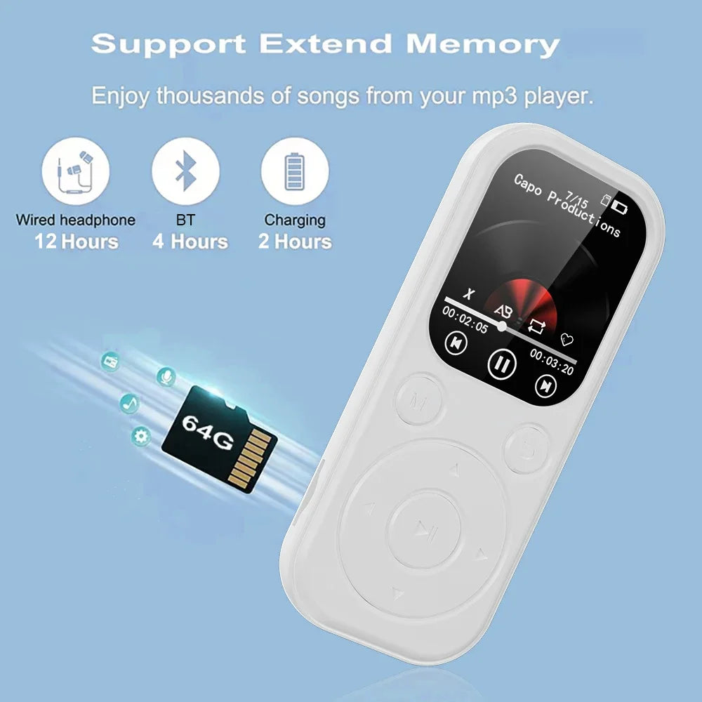 Home Sweet Home Slim MP3 Player with Bluetooth 5.4, FM radio, eBook reader, and voice recorder, showing device with screen and controls.
