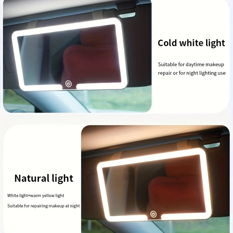 LED rechargeable car sun visor vanity mirror showing illuminated mirror with built-in LED lights for easy makeup and grooming.