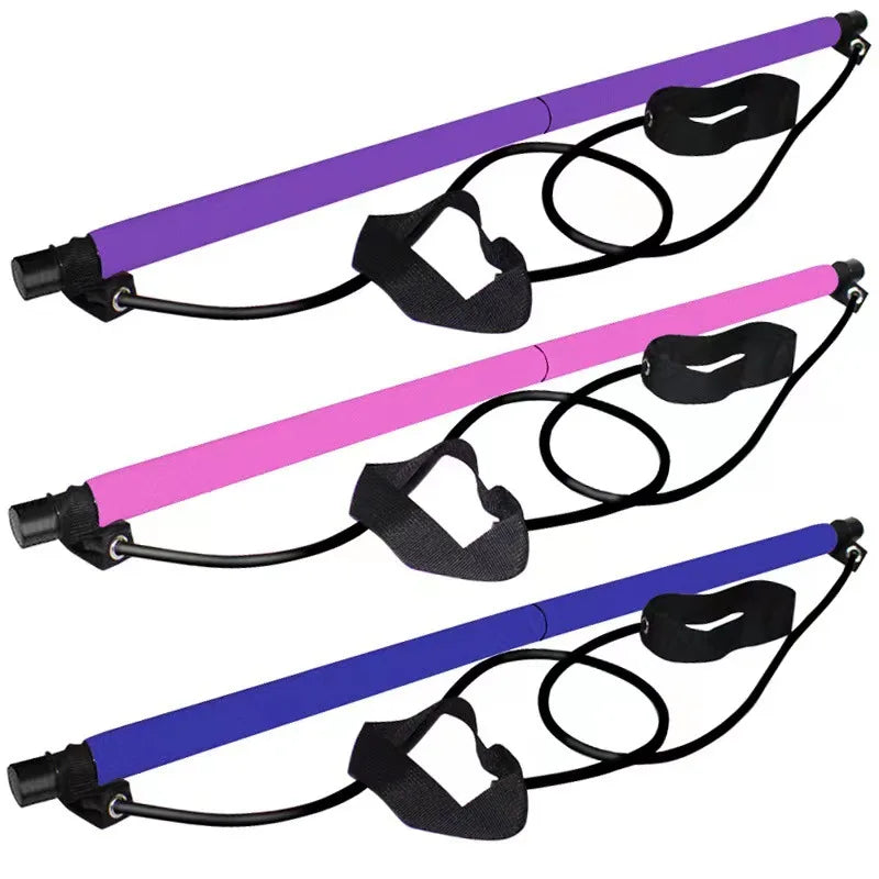 Home Sweet Home Pilates Stick Fitness Bar with adjustable length and elastic resistance bands for full-body exercise.