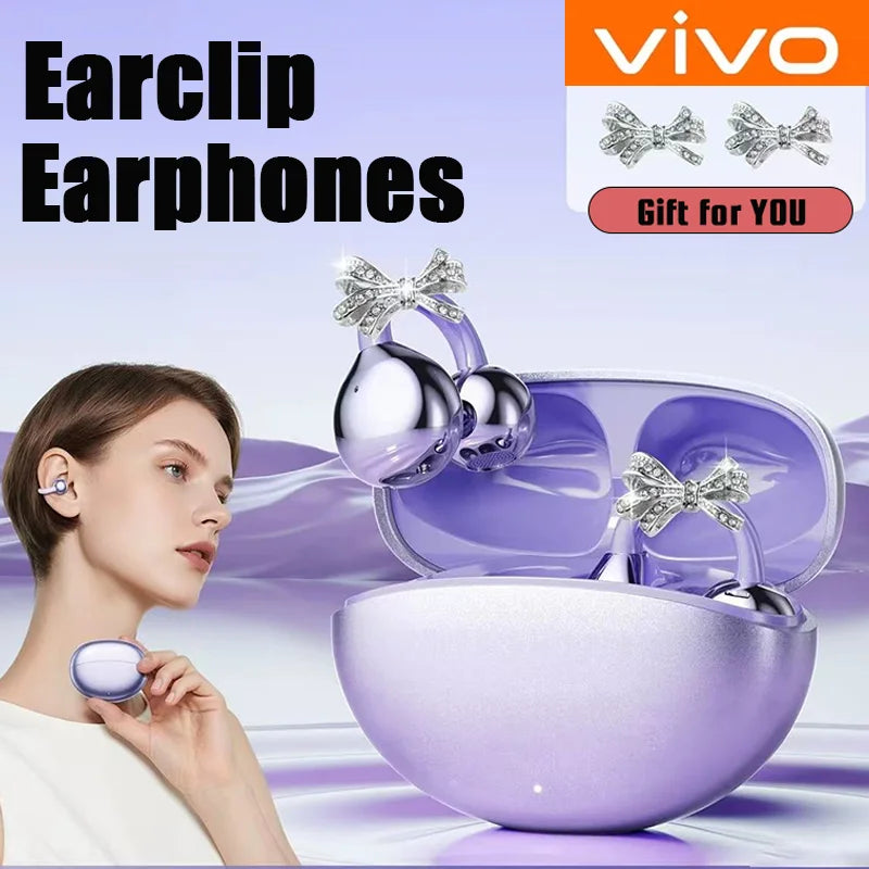 Vivo Open-Ear Bluetooth Clip-On Earbuds with Crystal Bowknot Earrings