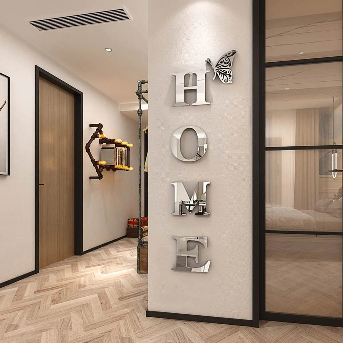 HOME 3D Mirror Wall Sticker – Silver Letter Sign for Entrance & Living Room Decor