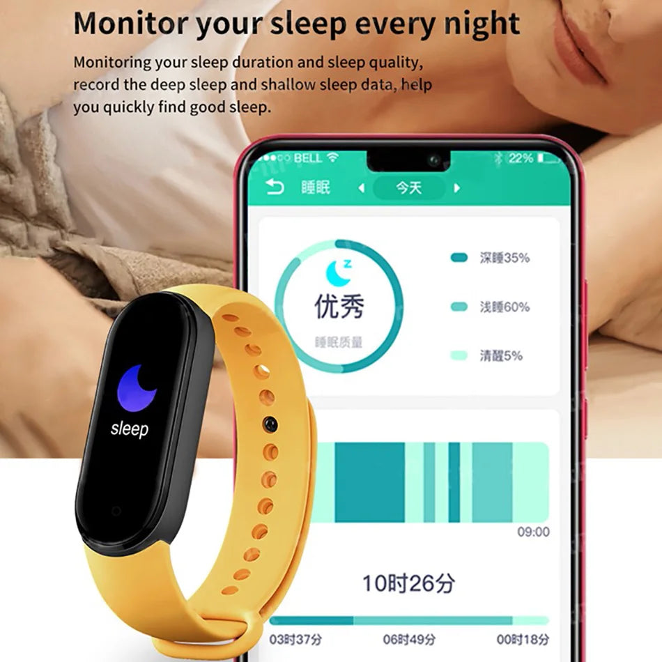 Smart fitness bracelet by Home Sweet Home, showing a sleek black band with digital display and health monitoring features.