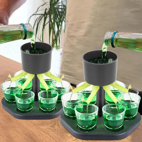 Home Sweet Home 6-Way Shot Glass Dispenser for party drinking games, featuring a colorful bar set with shot glasses arranged in a 6-way dispenser.
