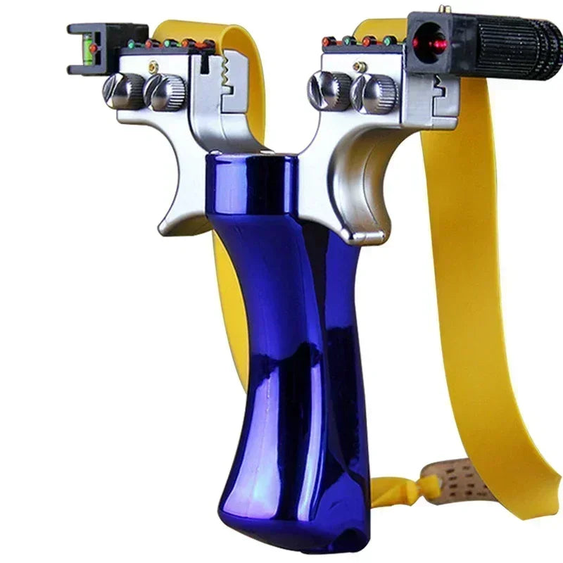 Home Sweet Home laser slingshot with LED light and precision aiming, showing the sleek design and aiming features.