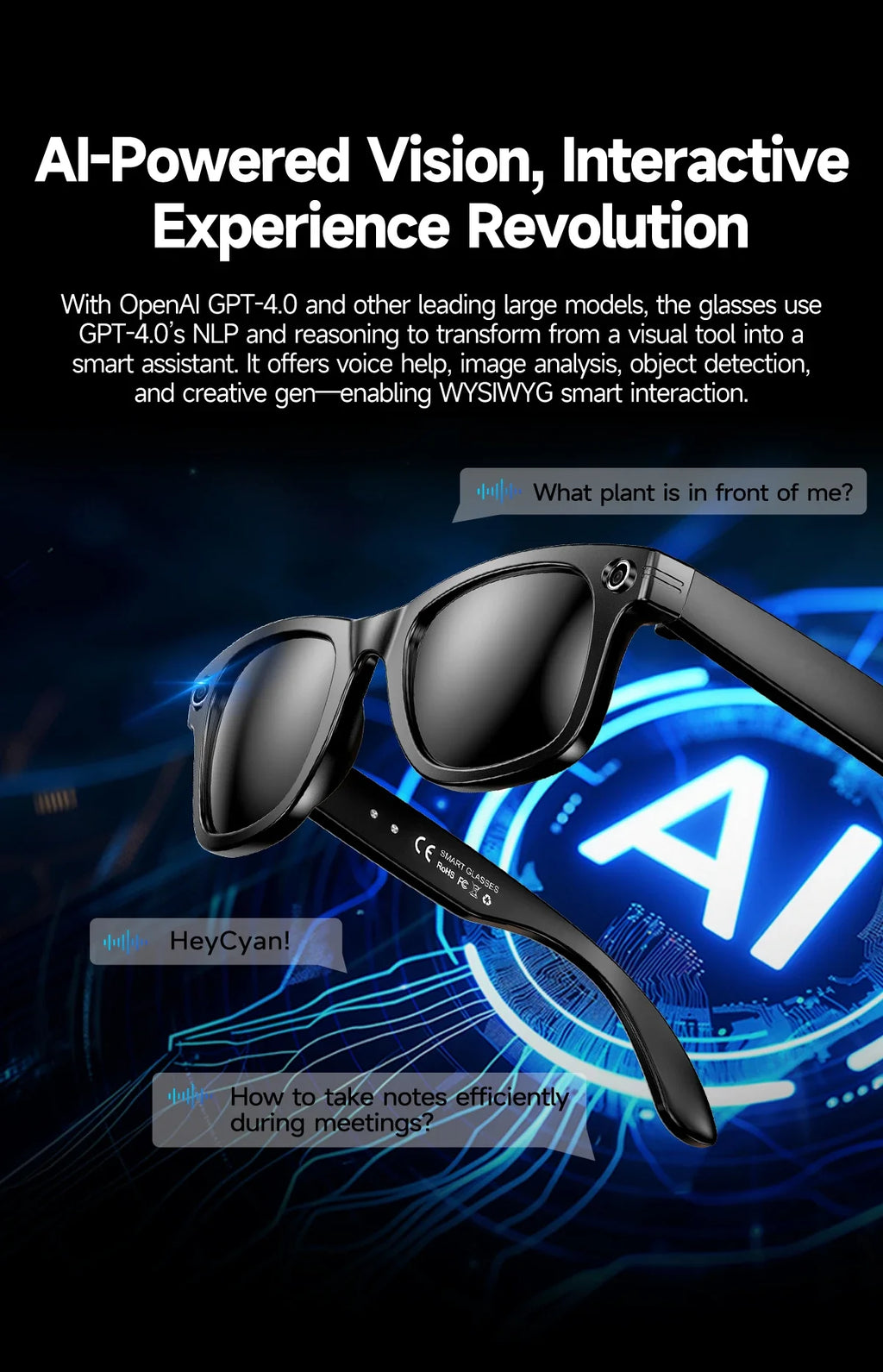 Home Sweet Home AI Smart Glasses with 8MP camera, Bluetooth, multilingual support, and ChatGPT 4.0 functionality in sleek design