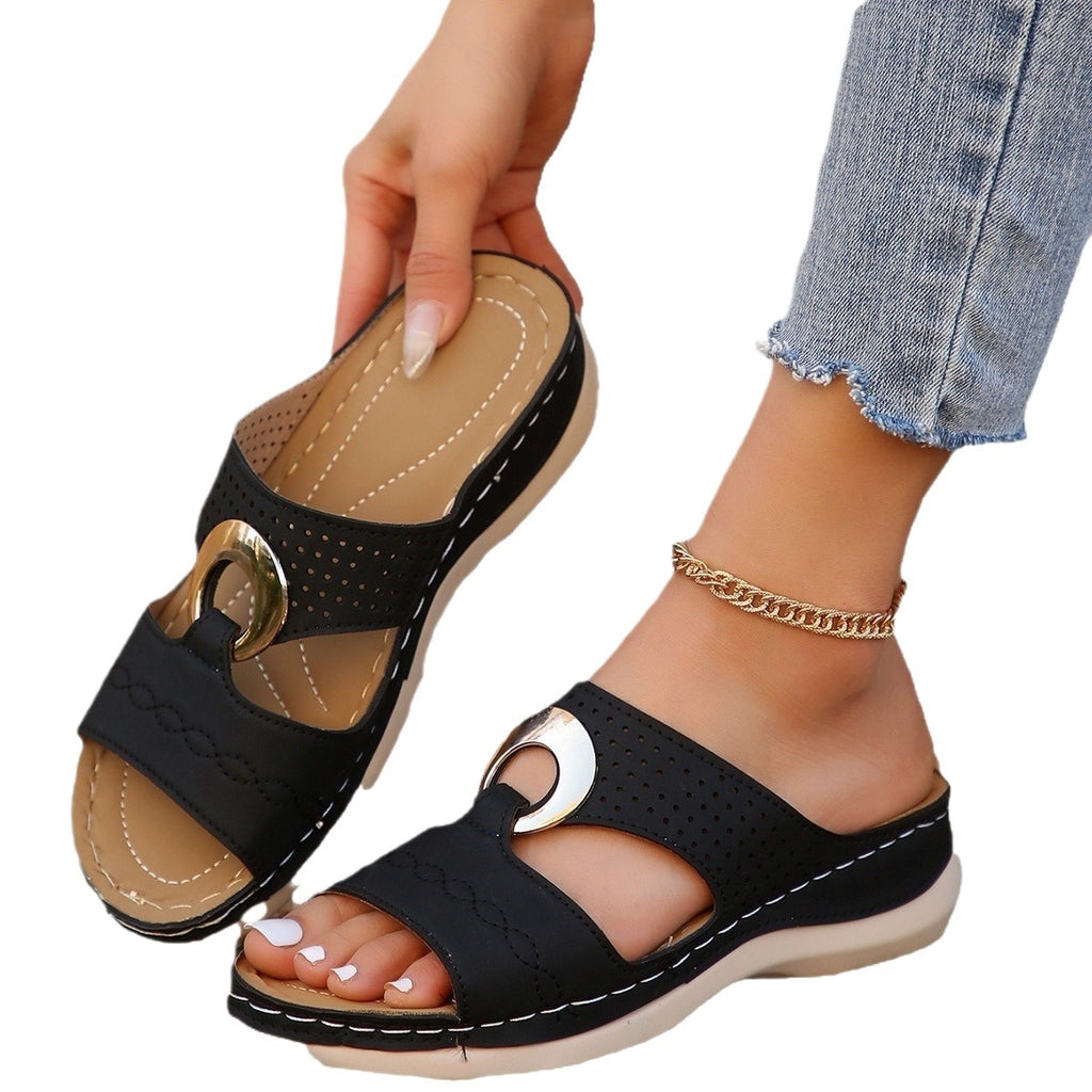 Chunky Soled Perforated Slippers | Wedge Heel Shoes
