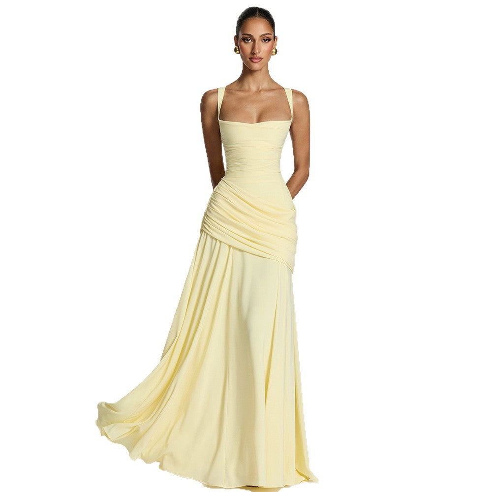 Elegant Sleeveless Flared Dress — Square Neck, High Waist, Milk Silk | 8 Colours