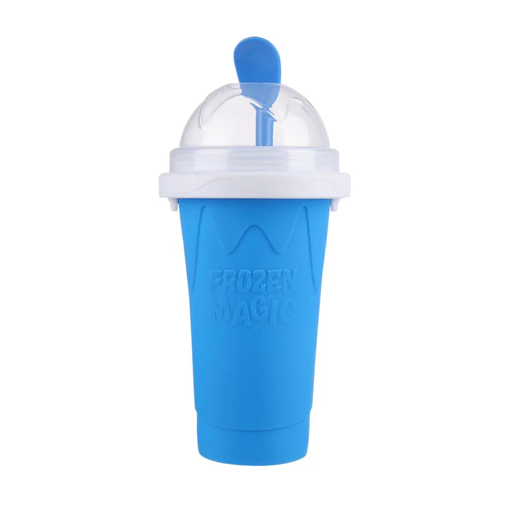 Blue Beckett Slush Cup with a clear lid and straw for cold beverages, perfect for keeping drinks chilled and refreshing.