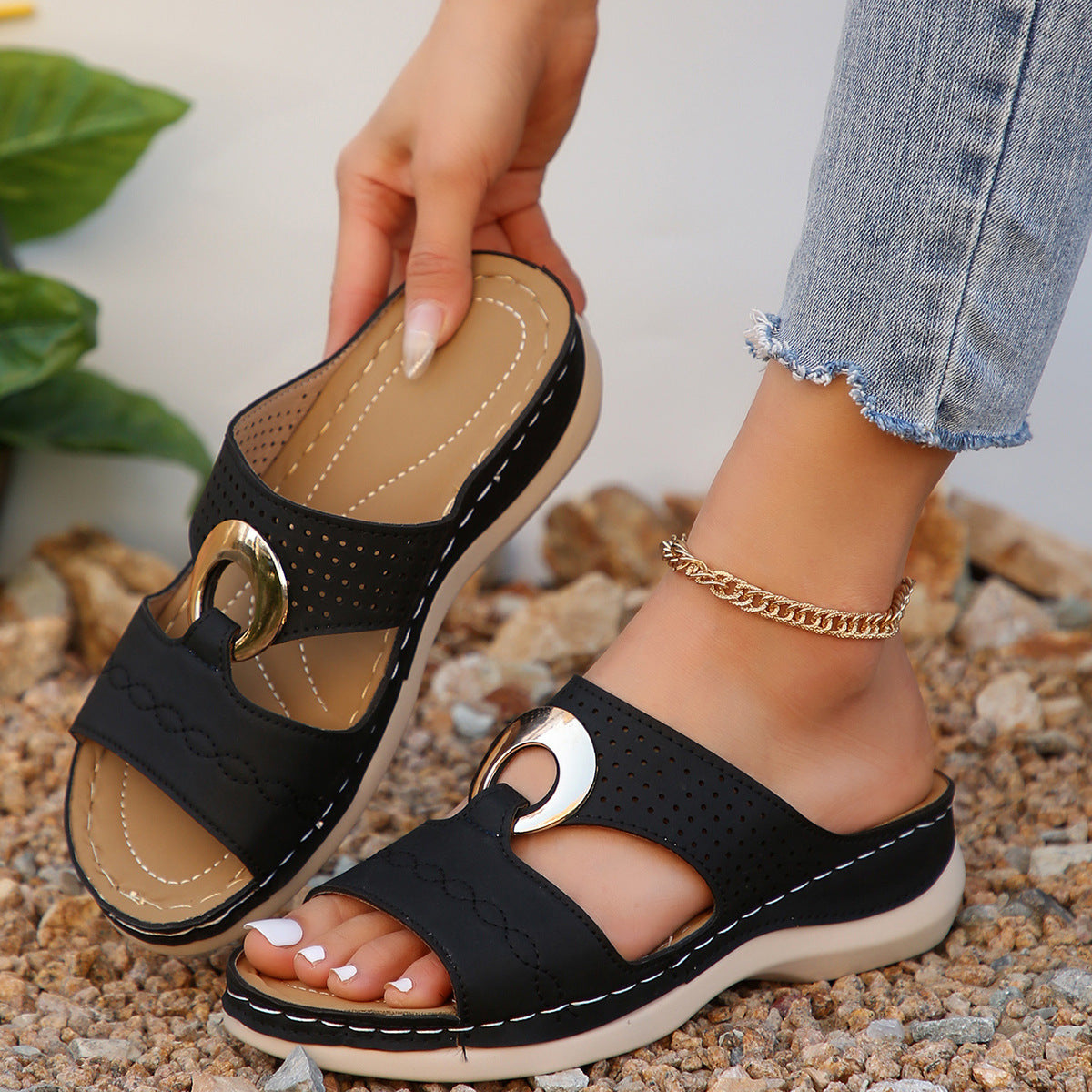 Chunky Soled Perforated Slippers | Wedge Heel Shoes