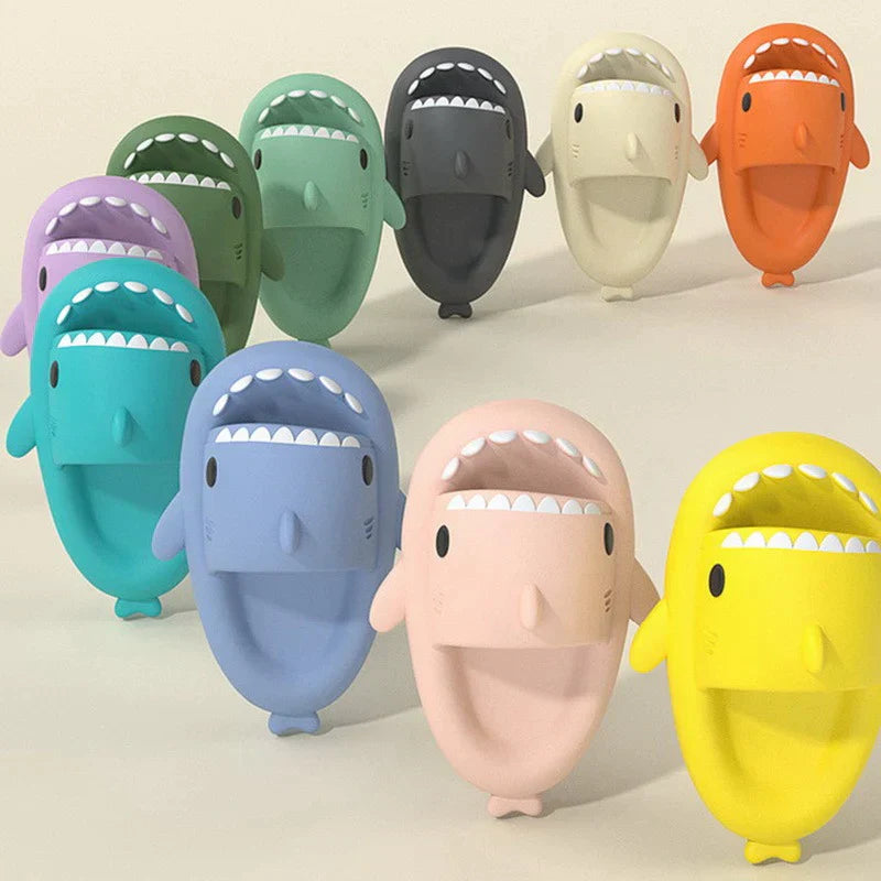 Beckett Shark Slides in black with shark face design, comfortable slip-on sandals for casual wear