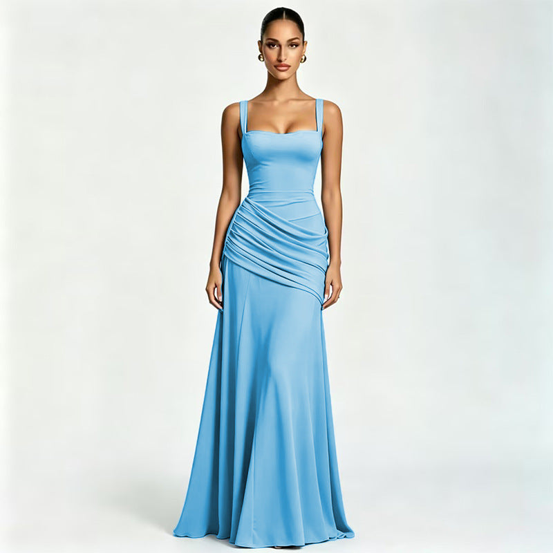 Elegant Sleeveless Flared Dress — Square Neck, High Waist, Milk Silk | 8 Colours