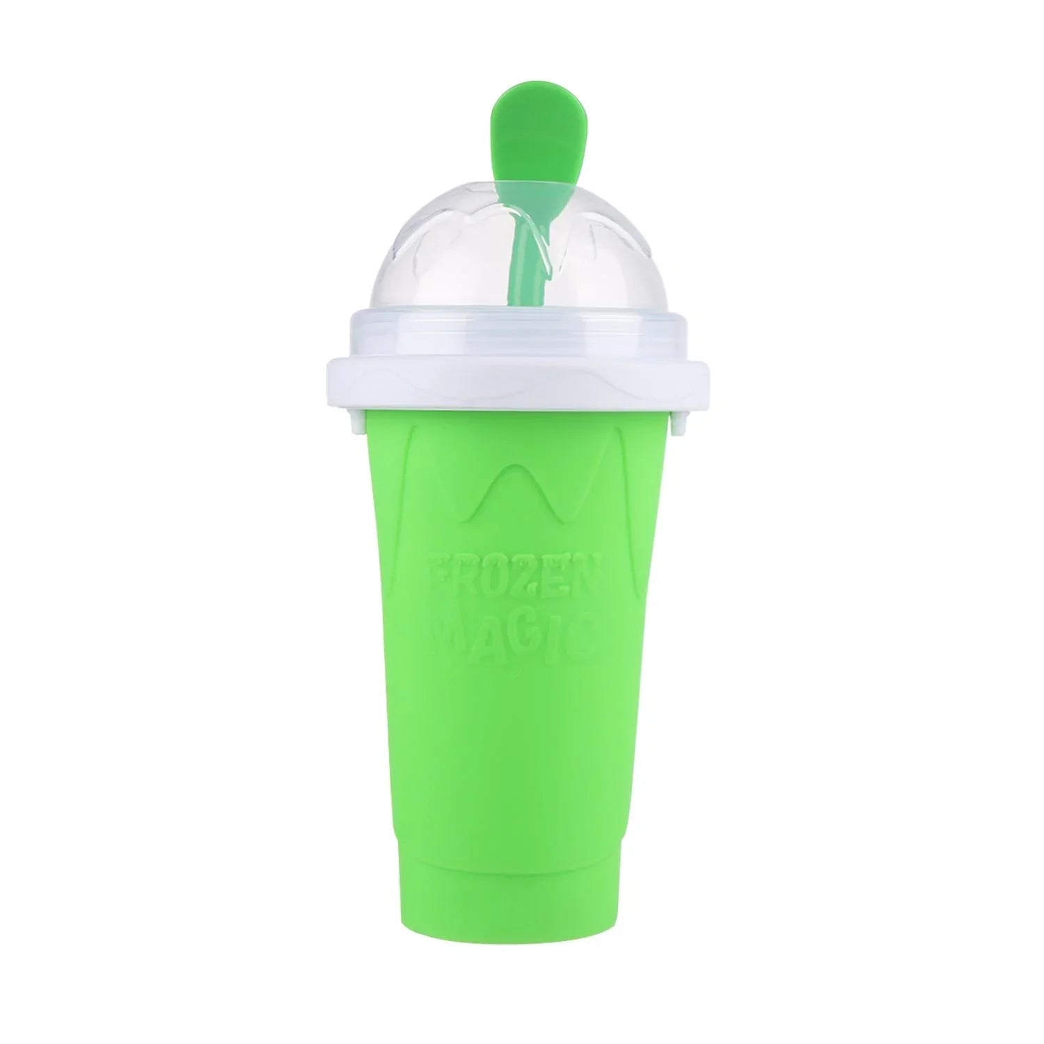 Green Beckett Slush Cup with a clear lid and colorful straw, perfect for icy beverages and cold drinks.