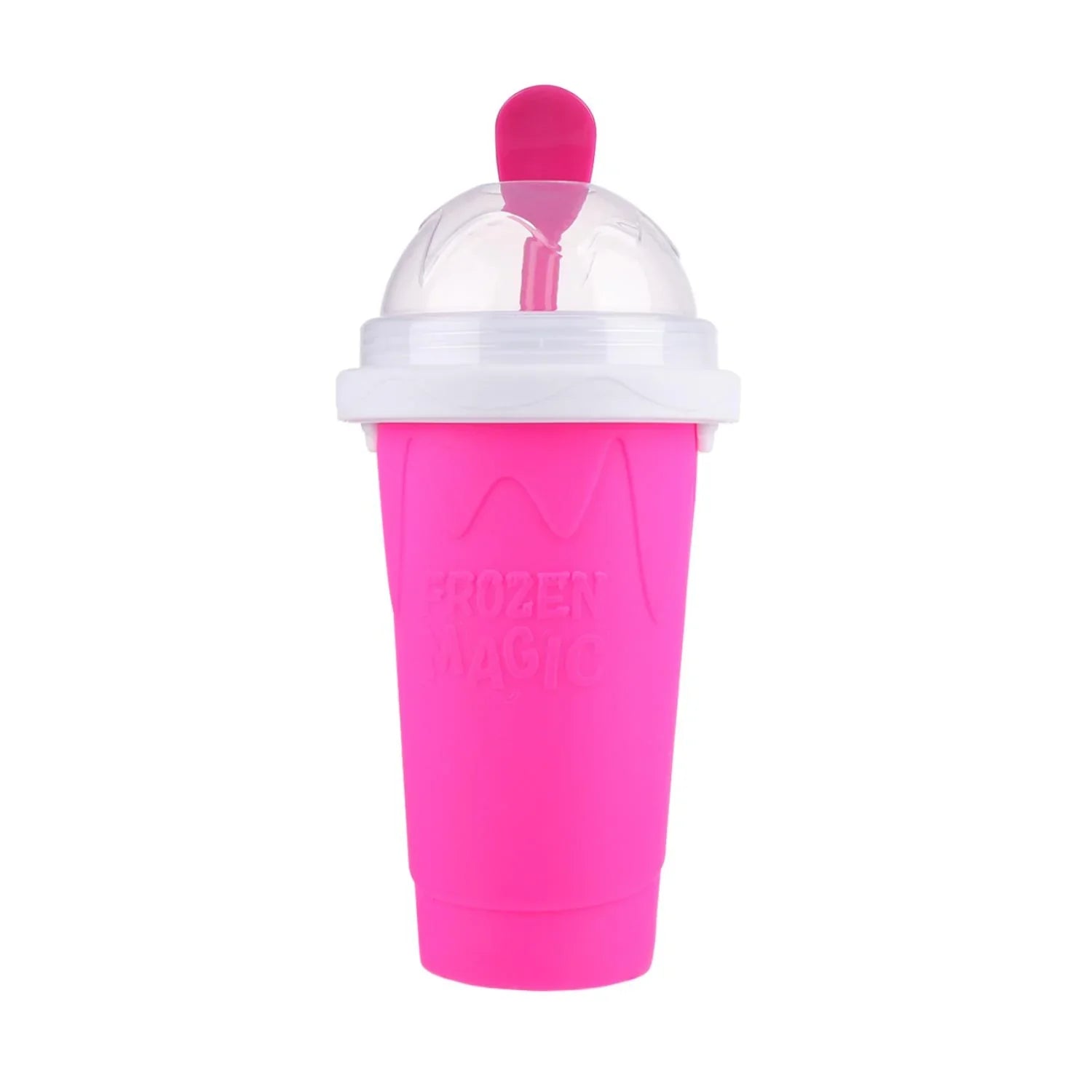 Pink Beckett slush cup with clear lid, designed for cold beverages and frozen treats, featuring a colorful, vibrant appearance.