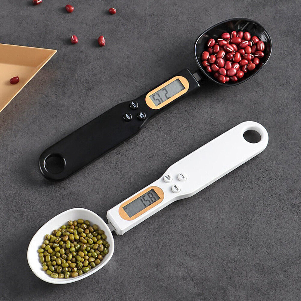 Beckett LCD digital kitchen scale with integrated spoon for precise weight measurements in a modern kitchen setting
