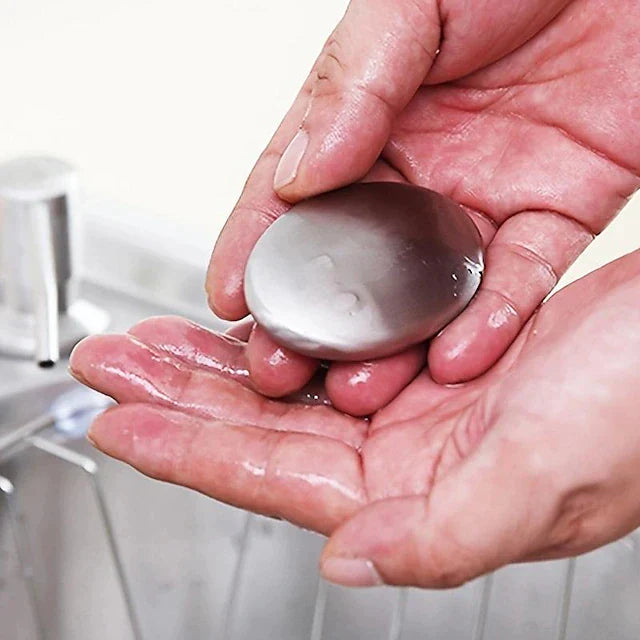 Beckett odour removing steel soap bar on a white background, showcasing its sleek metallic surface for eliminating strong odors.